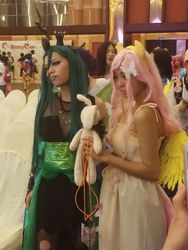 Size: 720x960 | Tagged: safe, fluttershy, pinkie pie, queen chrysalis, human, g4, canton, canton cn bronycon, china ponycon, clothes, cosplay, costume, guangzhou, irl, irl human, photo