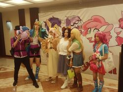 Size: 960x720 | Tagged: safe, applejack, fluttershy, pinkie pie, rainbow dash, rarity, twilight sparkle, human, g4, canton, canton cn bronycon, china ponycon, clothes, cosplay, costume, guangzhou, irl, irl human, photo