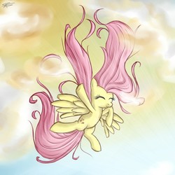 Size: 900x900 | Tagged: safe, artist:speccysy, edit, fluttershy, pegasus, pony, g4, cloud, cloudy, cute, eyes closed, female, flying, happy, mare, messy mane, shyabetes, signature, sky, smiling, solo, spread wings, sunlight, sunshine, upside down, wings