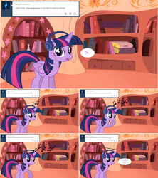 Size: 1284x1446 | Tagged: safe, artist:hakunohamikage, twilight sparkle, alicorn, pony, ask-princesssparkle, g4, ask, female, golden oaks library, headphones, music notes, solo, tumblr, twilight sparkle (alicorn)