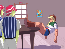 Size: 1000x750 | Tagged: safe, artist:dusty-munji, applejack, flam, flim, equestria girls, g4, applejacked, error, flim flam brothers, floating, glitch, hat, muscles, possible rule 63, red dead redemption, table