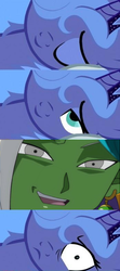 Size: 349x788 | Tagged: safe, princess luna, pony, g4, bed meme, dragon ball, dragon ball super, exploitable meme, frightened, meme, morning after, not creepy, this will end in tears and/or death, waking up, zamasu