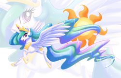 Size: 800x518 | Tagged: dead source, safe, artist:arcadianphoenix, princess celestia, alicorn, pony, g4, cutie mark, female, flying, looking at you, mare, smiling, solo, sun, zoom layer