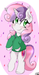 Size: 2000x3826 | Tagged: safe, artist:freefraq, sweetie belle, pony, g4, bipedal, clothes, cute, cutie mark, female, high res, hoodie, music notes, solo, stars