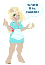 Size: 1575x2250 | Tagged: safe, artist:blithedragon, artist:blithepony, oc, oc only, oc:short stack, unicorn, anthro, unguligrade anthro, breasts, chubby, clothes, cute, dialogue, female, looking at you, mare, pencil, smiling, waitress