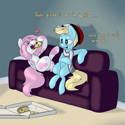 Size: 3000x3000 | Tagged: safe, artist:victoreach, oc, oc only, oc:ayarel, oc:saralien, pony, armpits, couch, duo, female, food, high res, male, pizza, ponysona, shipping