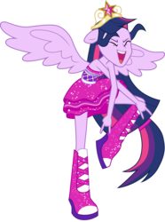 Size: 3001x4044 | Tagged: safe, artist:cloudy glow, twilight sparkle, equestria girls, g4, my little pony equestria girls, .ai available, adorkable, boots, clothes, crown, cute, dancing, devil horn (gesture), do the sparkle, dork, dress, eyes closed, fall formal, fall formal outfits, female, high res, regalia, shoes, simple background, solo, transparent background, twilight sparkle (alicorn), vector, wings