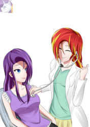 Size: 1024x1448 | Tagged: dead source, safe, artist:achaoticdotstar, rarity, sunset shimmer, human, g4, breasts, clothes, doctor, eyes closed, humanized, listening, simple background, stethoscope, white background