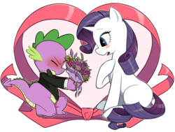 Size: 2963x2239 | Tagged: safe, artist:conte0226, rarity, spike, dragon, pony, unicorn, g4, blushing, bouquet, cute, duo, eyes closed, female, flower, heart, high res, kneeling, male, mare, missing cutie mark, nervous, open mouth, ribbon, ship:sparity, shipping, simple background, straight, surprised, sweat, sweatdrop, transparent background, wide eyes