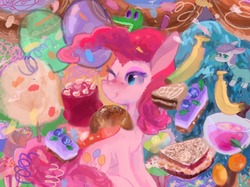Size: 1280x958 | Tagged: safe, artist:laurasrxfgcc, gummy, maud pie, pinkie pie, earth pony, pony, g4, abstract background, balloon, cake, food, one eye closed, smiling, solo focus, tongue out, wink