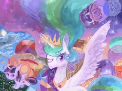 Size: 1200x902 | Tagged: safe, artist:laurasrxfgcc, princess celestia, twilight sparkle, alicorn, pony, g4, abstract background, book, duo, looking at you, magic, one eye closed, quill, solo focus, telekinesis, wink