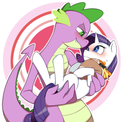 Size: 1280x1280 | Tagged: safe, artist:conte0226, rarity, spike, dragon, pony, unicorn, g4, bedroom eyes, blushing, bouquet, bridal carry, cute, duo, eye contact, female, flower, frown, gazing, holding a pony, looking at each other, male, mare, nervous, older, older spike, put me down, ship:sparity, shipping, simple background, smiling, smirk, straight, sweat, sweatdrop, transparent background, underhoof, wide eyes