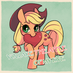 Size: 800x800 | Tagged: safe, artist:phyllismi, applejack, earth pony, pony, g4, blushing, cute, female, heart, jackabetes, mouth hold, smiling, solo, valentine's day card