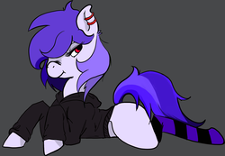 Size: 1886x1308 | Tagged: artist needed, safe, oc, oc only, earth pony, pony, 4chan, clothes, drawthread, ear piercing, earring, hoodie, jewelry, looking back, piercing, prone, socks, solo, striped socks