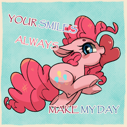 Size: 800x800 | Tagged: safe, artist:phyllismi, pinkie pie, earth pony, pony, g4, blushing, female, heart, mouth hold, running, solo, valentine's day card