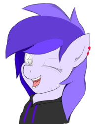 Size: 693x887 | Tagged: artist needed, safe, oc, oc only, earth pony, pony, 4chan, clothes, drawthread, ear piercing, earring, hoodie, jewelry, looking at you, one eye closed, partial color, piercing, smiling, wink