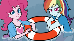 Size: 1200x675 | Tagged: safe, artist:/d/non, pinkie pie, rainbow dash, equestria girls, g4, /mlp/, 4chan, clothes, drawthread, equestria girls-ified, female, lidded eyes, life preserver, looking at you, shirt, smiling, water