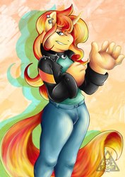 Size: 595x842 | Tagged: safe, artist:kyomikogei, sunset shimmer, unicorn, anthro, unguligrade anthro, g4, female, smiling, smirk, solo