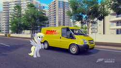 Size: 1920x1080 | Tagged: safe, artist:peternators, derpy hooves, pony, g4, car, crossover, dhl, ford, ford transit, forza horizon 3, parody