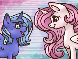 Size: 1050x790 | Tagged: safe, artist:twixyamber, princess celestia, princess luna, pony, g4, cewestia, female, filly, filly celestia, filly luna, pink-mane celestia, sisters, woona, younger