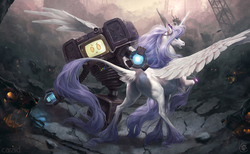 Size: 1280x787 | Tagged: safe, artist:lhuneart, oc, oc:iridae, alicorn, classical unicorn, horse, pony, robot, fallout equestria, alicorn oc, butt, cloven hooves, crossover, duo, fallout, female, frown, glare, horn, leg fluff, leonine tail, lidded eyes, looking at you, looking back, mare, monster, open mouth, plot, raised hoof, realistic horse legs, securitron, spread wings, tail fluff, unshorn fetlocks, wings, yes man