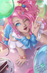Size: 792x1224 | Tagged: safe, artist:saintprecious, pinkie pie, human, g4, balloon, cake, clothes, cup, female, food, humanized, looking at you, nail polish, one eye closed, smiling, solo, teacup, wink