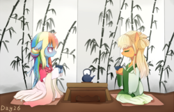 Size: 1400x900 | Tagged: safe, artist:irenla, applejack, rainbow dash, semi-anthro, g4, alternate hairstyle, blushing, clothes, eyes closed, female, floppy ears, food, hair bun, hanfu, hoof hold, kneeling, lesbian, lidded eyes, loving gaze, mare, multicolored hair, ship:appledash, shipping, sitting, smiling, tea, teapot