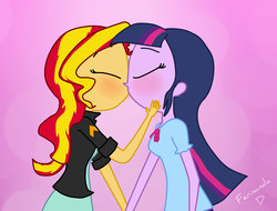 Size: 1024x778 | Tagged: safe, artist:fernandash, sunset shimmer, twilight sparkle, equestria girls, g4, eyes closed, female, kissing, lesbian, ship:sunsetsparkle, shipping