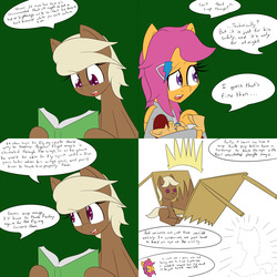 Size: 1600x1600 | Tagged: safe, artist:jake heritagu, scootaloo, oc, oc:lightning blitz, oc:sandy hooves, earth pony, pegasus, pony, comic:ask motherly scootaloo, g4, baby, baby pony, book, chewing, colt, comic, dialogue, eating, female, hairpin, holding a pony, male, mare, mother and son, motherly scootaloo, offspring, older, older scootaloo, parent:rain catcher, parent:scootaloo, parents:catcherloo, speech bubble, sweatshirt, table, teething ring
