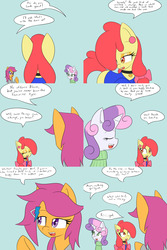 Size: 1600x2400 | Tagged: safe, artist:jake heritagu, apple bloom, scootaloo, sweetie belle, earth pony, pony, comic:ask motherly scootaloo, g4, blushing, clothes, comic, hairpin, motherly scootaloo, sweatshirt