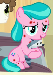 Size: 387x545 | Tagged: safe, screencap, aquamarine, super funk, earth pony, pony, raccoon, a flurry of emotions, g4, aquabetes, cute, female, filly, happy, horsey hives, plushie, sick, sitting, toy