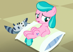 Size: 1266x913 | Tagged: safe, edit, edited screencap, screencap, aquamarine, pony, raccoon, a flurry of emotions, g4, female, filly, pillow, solo, toy