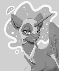 Size: 3762x4502 | Tagged: safe, artist:faline-art, nightmare moon, alicorn, pony, g4, female, grayscale, lidded eyes, mare, monochrome, smiling, solo