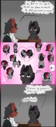 Size: 1350x3040 | Tagged: safe, artist:lazerblues, oc, oc only, oc:deep rest, oc:miss eri, pony, ahegao, black and red mane, comic, desk, dialogue, eeee, female, lesbian, oc x oc, open mouth, shipping, sweat, two toned mane