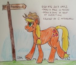 Size: 1024x873 | Tagged: safe, artist:rapidsnap, applejack, earth pony, pony, g4, annoyed, damaged sign, female, sign, solo, traditional art, walking
