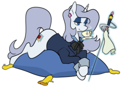 Size: 1101x787 | Tagged: safe, artist:egophiliac, oc, oc only, oc:platinum decree, pony, unicorn, cleaning, clothes, ear piercing, earring, elegant, female, food, jewelry, levitation, lidded eyes, lying down, magic, mare, piercing, pillow, rapier, ribbon, simple background, solo, suit, sword, tea, telekinesis, transparent background, weapon