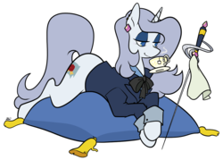 Size: 1101x787 | Tagged: safe, artist:egophiliac, oc, oc only, oc:platinum decree, pony, unicorn, cleaning, clothes, ear piercing, earring, elegant, female, food, jewelry, lying down, mare, piercing, pillow, rapier, ribbon, simple background, solo, suit, sword, tea, transparent background, weapon