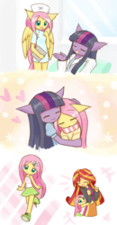Size: 1074x2067 | Tagged: safe, artist:howxu, fluttershy, sunset shimmer, twilight sparkle, anthro, equestria girls, g4, age regression, blushing, chibi, clothes, colored pupils, comic, cute, equestria girls outfit, female, flutternurse, howxu is trying to murder us, hug, human female, lesbian, nurse outfit, scarf, ship:twishy, shipping, shyabetes, skirt, tank top, younger