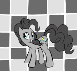 Size: 808x745 | Tagged: safe, artist:itsthinking, pinkie pie, earth pony, pony, g4, abstract background, checkerboard, female, grayscale, grin, limited palette, mare, monochrome, partial color, smiling, solo