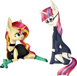 Size: 1682x1641 | Tagged: safe, artist:sychia, moondancer, sunset shimmer, pony, unicorn, g4, black socks, choker, clothes, dress, duo, duo female, ear piercing, earring, eyeshadow, female, glasses, goth, jewelry, makeup, mare, necklace, piercing, simple background, skull, socks, striped socks, sweater, transparent background