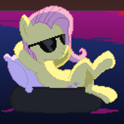 Size: 506x506 | Tagged: safe, artist:cero, fluttershy, pony, g4, animated, ear flick, female, float, gif, pillow, pixel art, solo, sunglasses, sunset, water