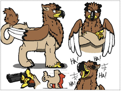 Size: 639x479 | Tagged: safe, artist:daisuler1994, oc, oc only, oc:german the griffon, griffon, buff, comic workshop, crossed arms, gun, laughing, muscles, reference sheet, weapon