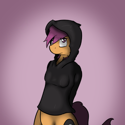 Size: 750x750 | Tagged: safe, artist:conmanwolf, scootaloo, anthro, ask factory scootaloo, fanfic:rainbow factory, g4, absentia, black hoodie, bottomless, clothes, factory scootaloo, female, older, partial nudity, solo