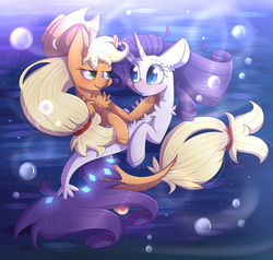 Size: 3127x2971 | Tagged: safe, artist:soundwavepie, applejack, rarity, seapony (g4), g4, my little pony: the movie, bedroom eyes, blushing, bubble, female, high res, lesbian, looking at each other, seaponified, seapony applejack, seapony rarity, ship:rarijack, shipping, species swap, underwater