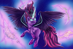 Size: 1139x772 | Tagged: dead source, safe, artist:ellen124, sci-twi, twilight sparkle, alicorn, pony, g4, my little pony equestria girls: friendship games, equestria girls ponified, female, glowing horn, horn, horseshoes, midnight sparkle, ponified, rearing, solo, spread wings, wings