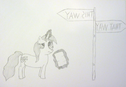 Size: 2048x1409 | Tagged: safe, artist:ragmo, oc, oc only, oc:swift sword, pony, unicorn, atg 2017, confused, female, magic, map, mare, monochrome, newbie artist training grounds, sign, solo, traditional art