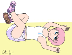 Size: 1270x964 | Tagged: safe, artist:oliver-england, fluttershy, human, g4, armpits, breasts, delicious flat chest, diaper, diapershy, female, human female, humanized, non-baby in diaper, shoes, sneakers, solo