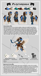 Size: 3300x6117 | Tagged: safe, artist:kellythedrawinguni, oc, oc only, oc:playthrough, pegasus, pony, bio, bone, claws, clothes, commission, controller, fighting stance, folded wings, glasses, looking at you, male, outfit, reference sheet, scarf, size comparison, smiling, spread wings, weapon, wings