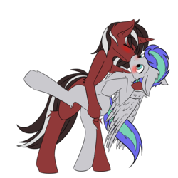 Size: 960x960 | Tagged: safe, artist:frowfrow, derpibooru exclusive, oc, oc only, oc:phantom, oc:storm feather, pegasus, pony, semi-anthro, g4, bipedal, blushing, chest fluff, dancing, duo, gay, holding a pony, kissing, male, pegasus oc, simple background, stallion, transparent background, wings