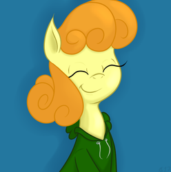 Size: 565x570 | Tagged: safe, artist:berrycherrypitstop, carrot top, golden harvest, earth pony, pony, g4, clothes, cute, eyes closed, female, happy, hoodie, mare, simple background, smiling, solo